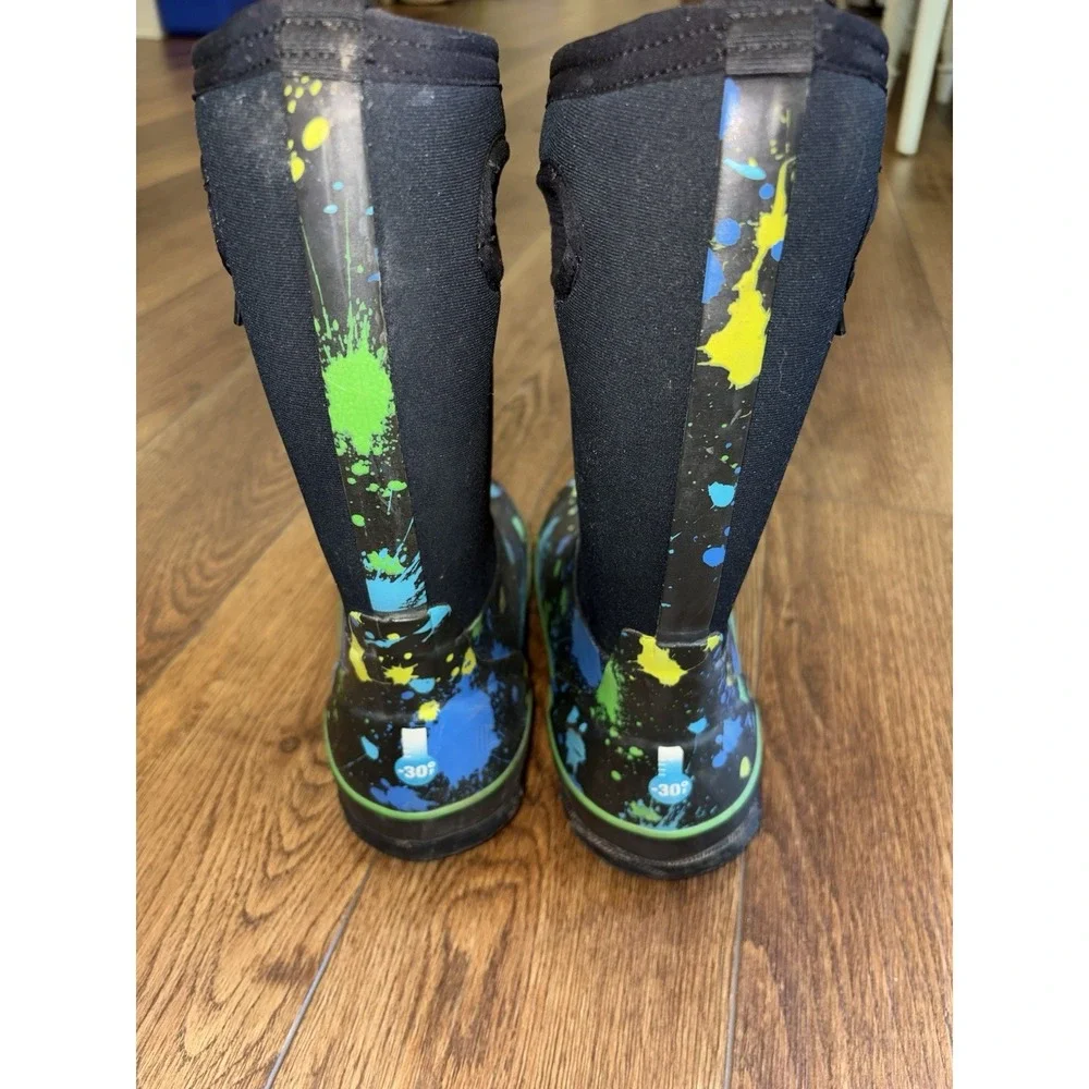 BOGS kid youth size 4 shoe blue tall insulated waterproof boots Paint Splat Boy